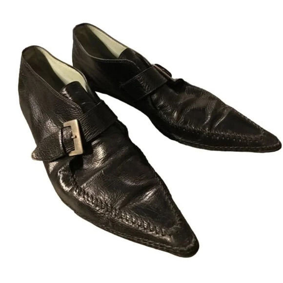 Sigerson Morrison Vintage Y2K Black Avant Garde Buckled Pointy Toe Flat Loafers - Picture 1 of 5